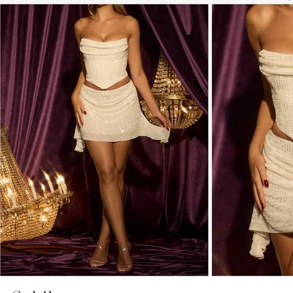 *SOLD* Oh Polly Sybil Embellished Draped Corset Top & Skirt in White - Picture 1 of 7